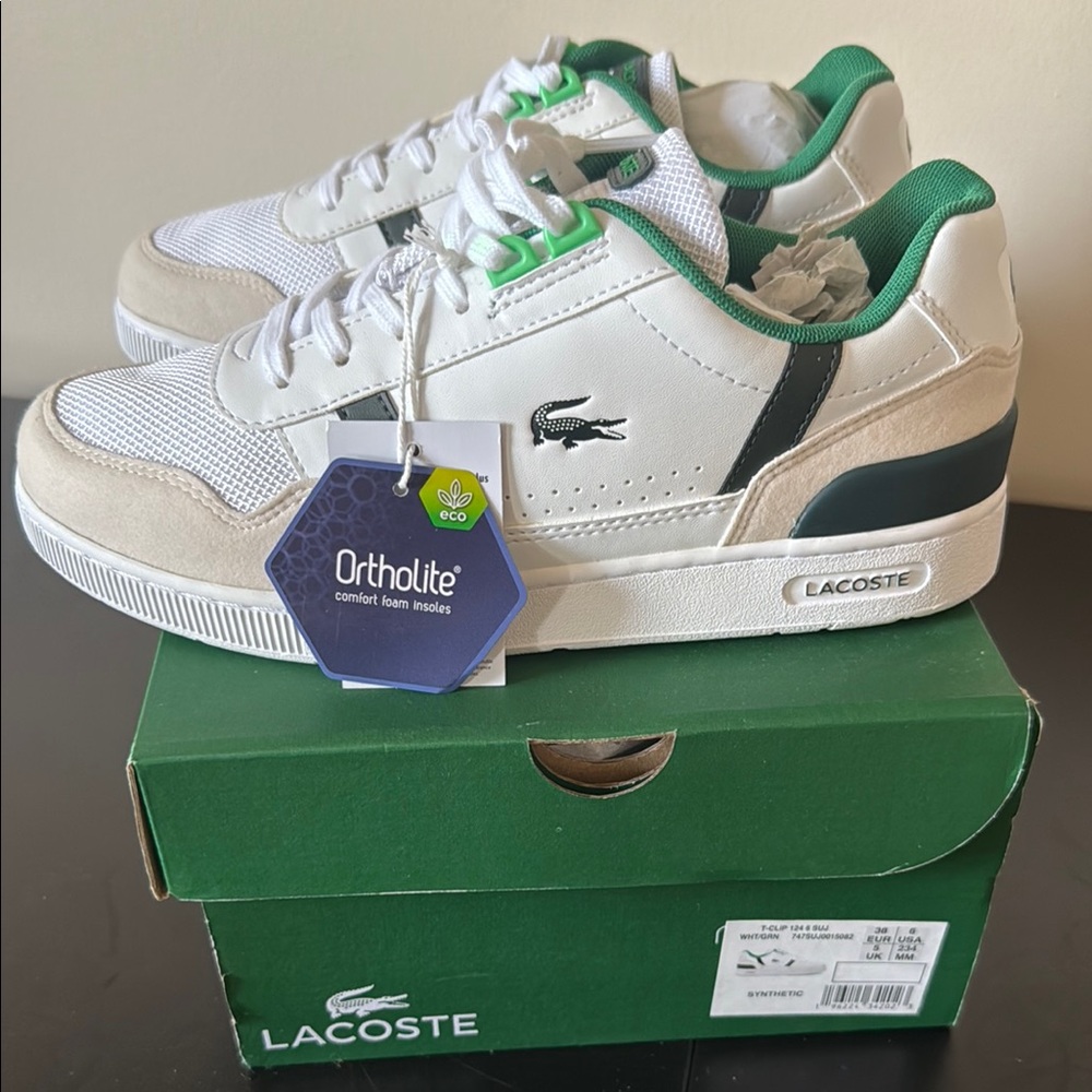 Lacoste Kids' T-Clip White and Green Sneakers